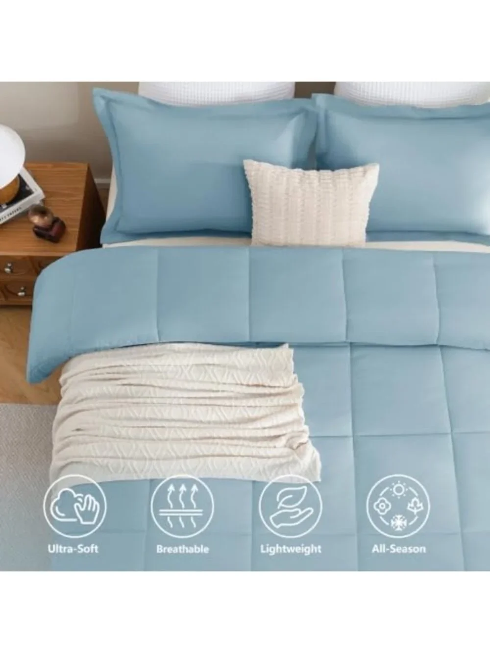 Cozy King Size 3-Piece Comforter Set - Box-Stitched Design, Light Blue Bedding